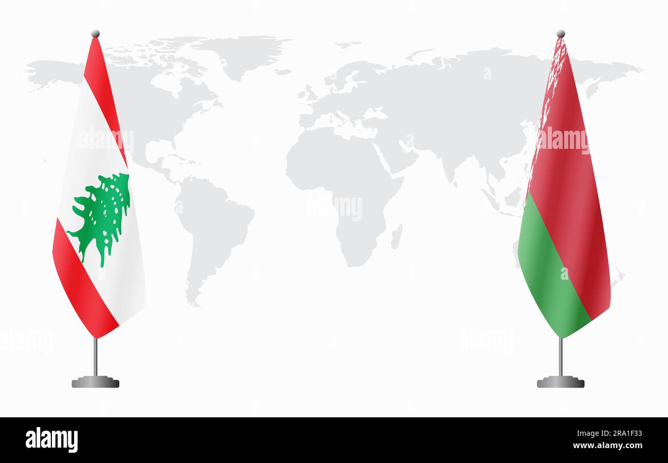 Bandiere libanesi e bielorusse per un incontro ufficiale sullo sfondo della mappa mondiale. Illustrazione Vettoriale
