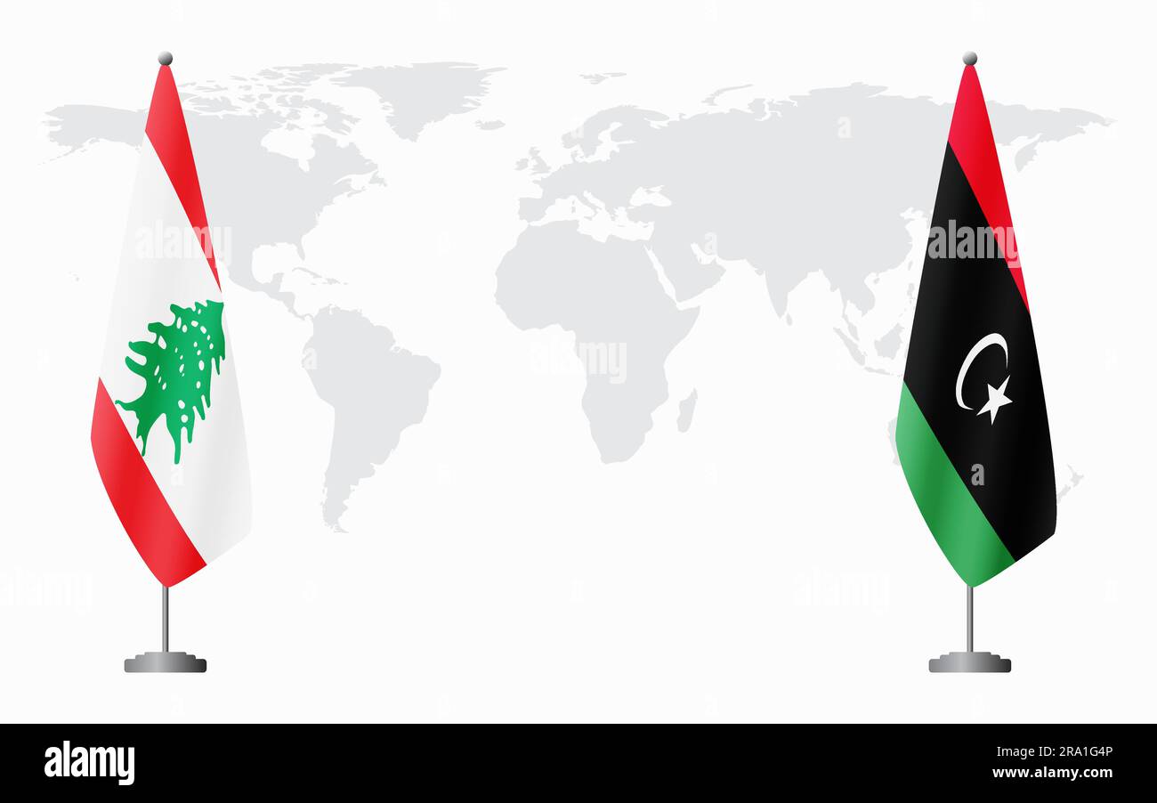 Libano e Libia bandiere per un incontro ufficiale sullo sfondo della mappa mondiale. Illustrazione Vettoriale