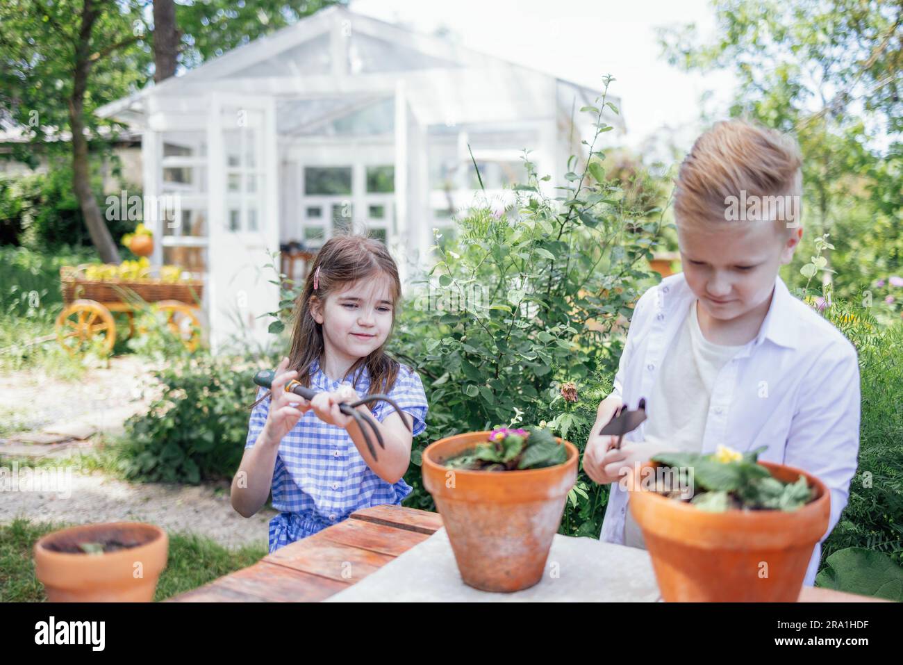 Due bambini piccoli piantano fiori in vasi di argilla nel cortile. Ragazza carina e ragazzo gioioso sono impegnati nel giardinaggio. I bambini felici si divertono tantissimo Foto Stock