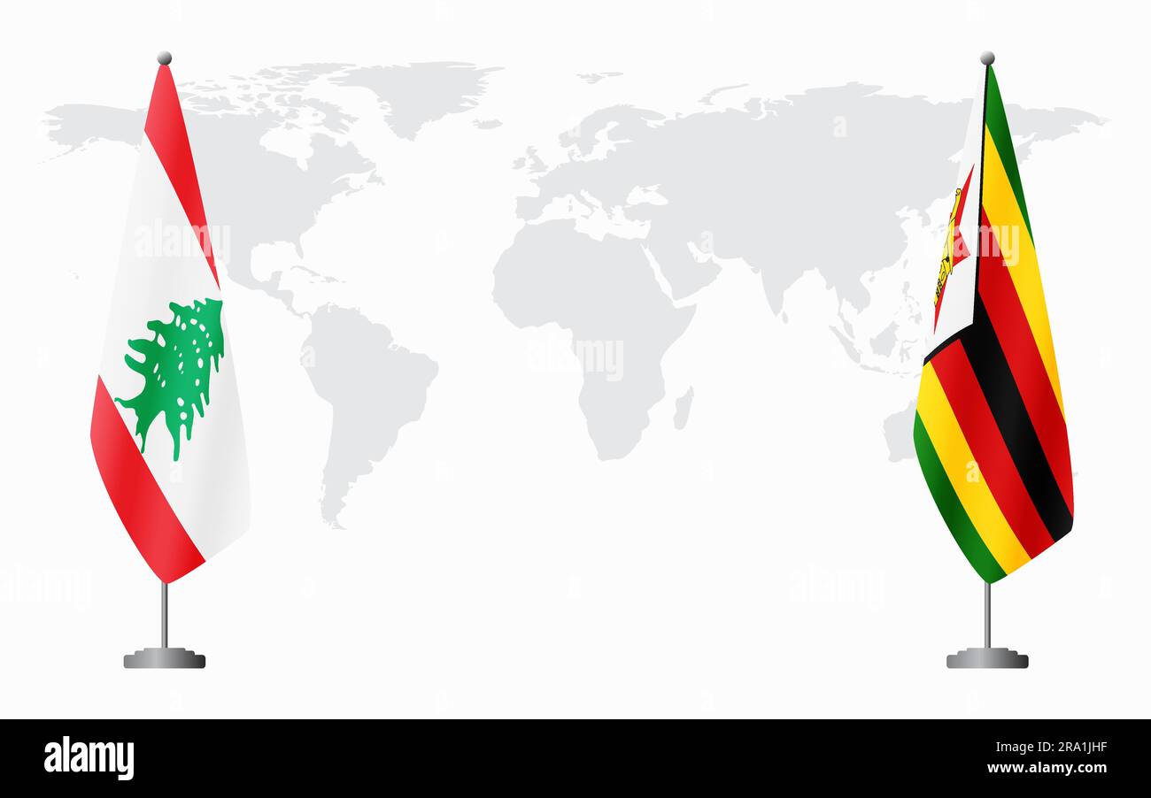 Libano e Zimbabwe bandiere per un incontro ufficiale sullo sfondo della mappa mondiale. Illustrazione Vettoriale