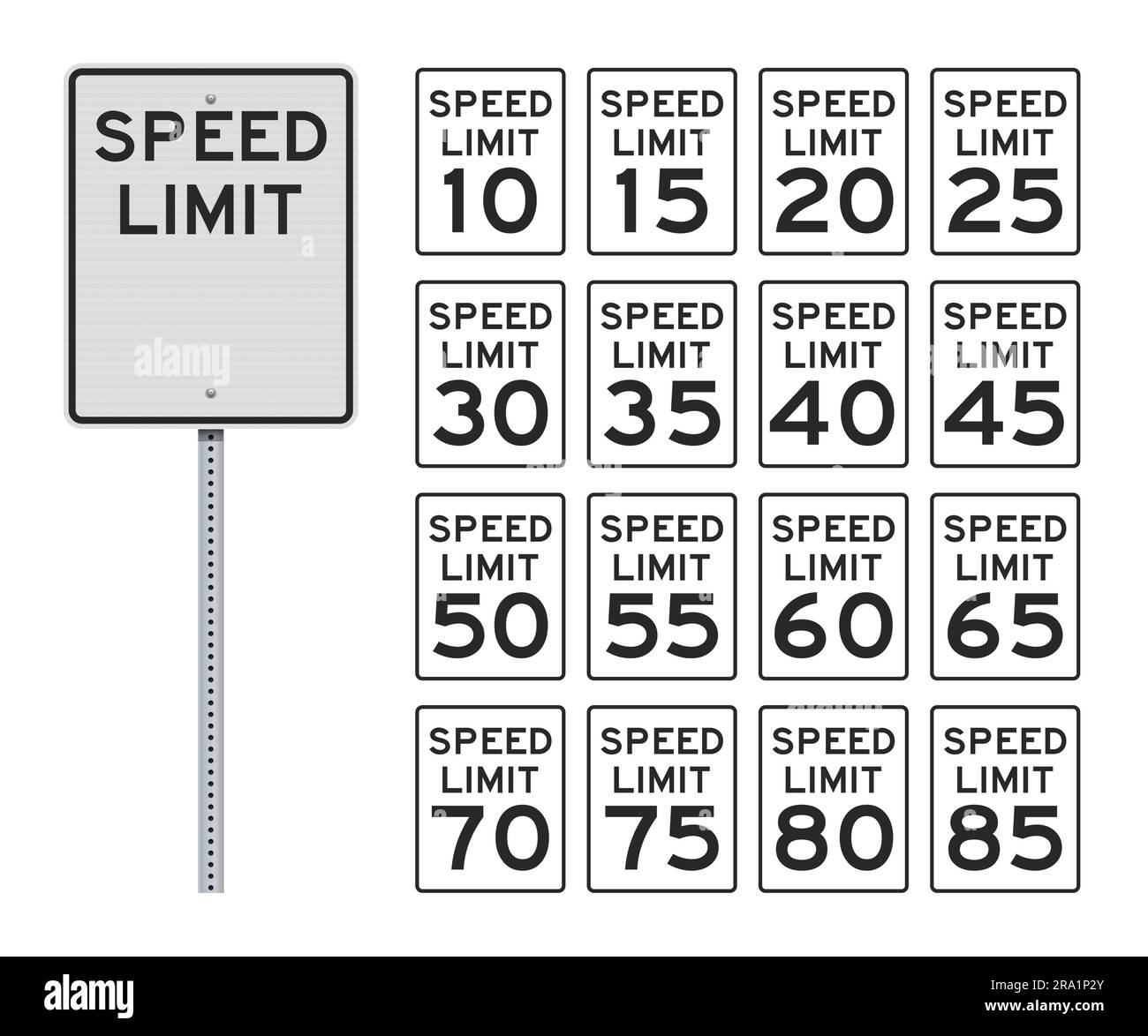 Illustrazione vettoriale della segnaletica stradale American Speed Limit su palo metallico (numeri facilmente modificabili) Illustrazione Vettoriale