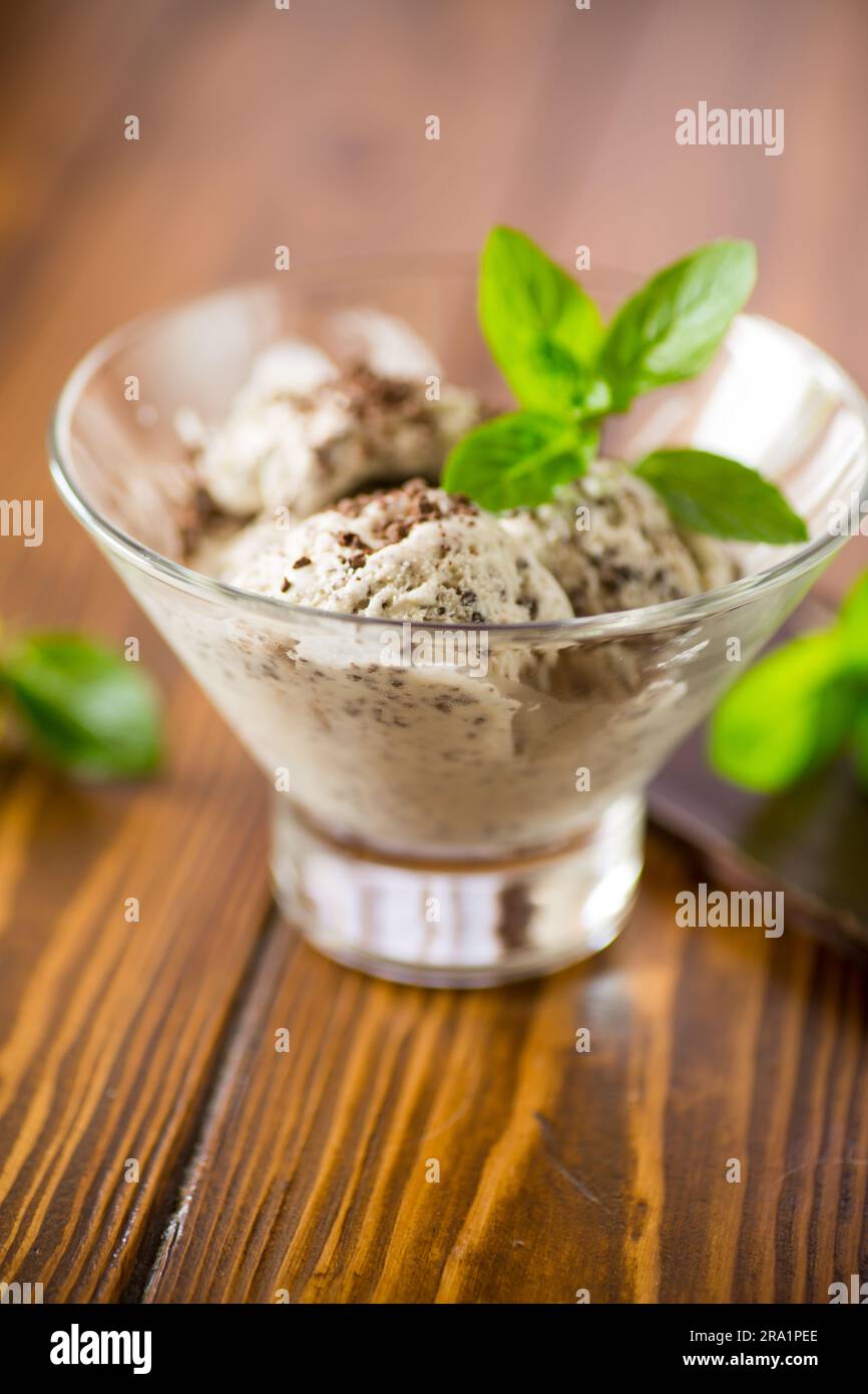 gelato fatto in casa con pezzi di cioccolato fondente grattugiato, in una ciotola su un tavolo di legno. Foto Stock