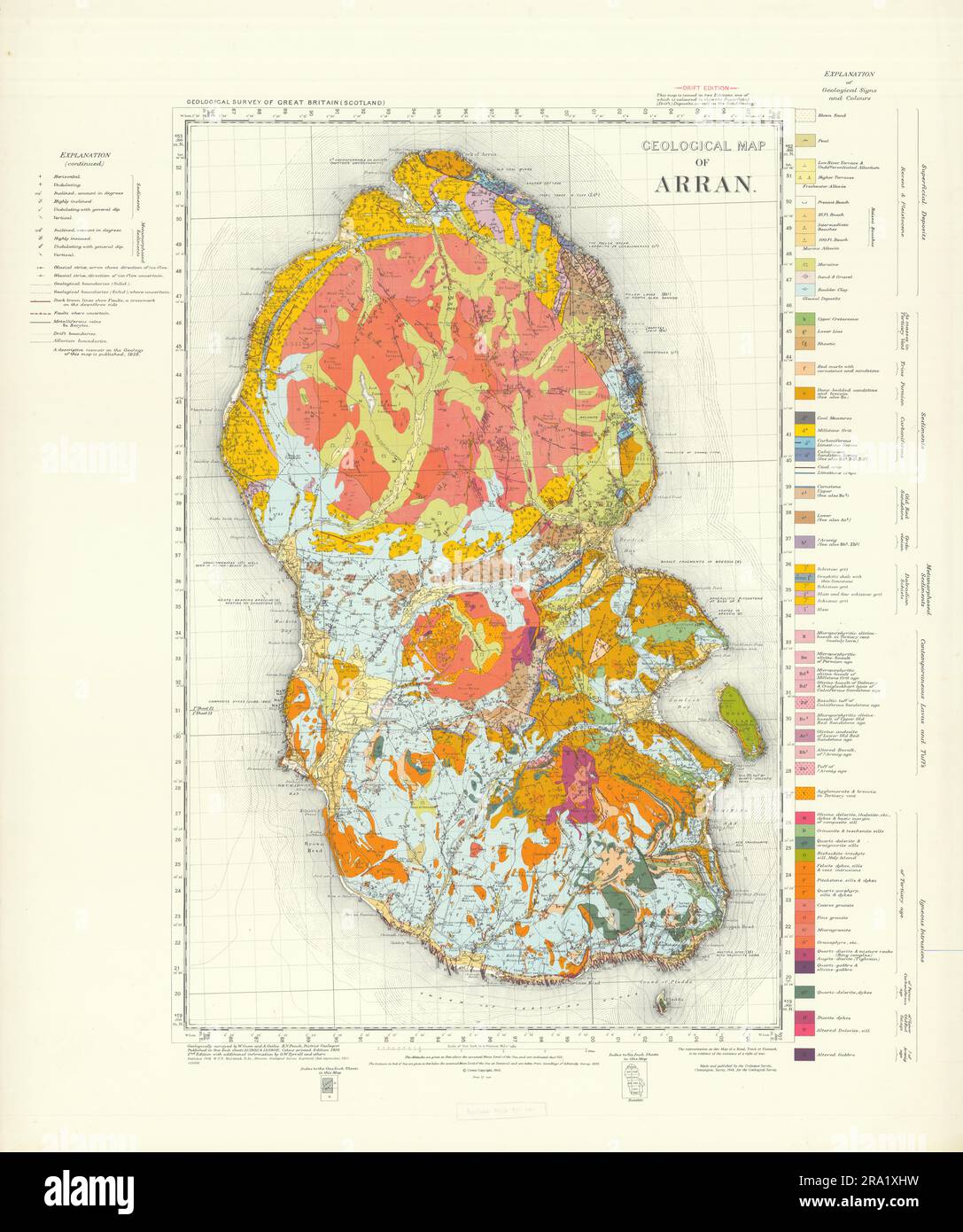 Mappa geologica di Arran. Drift Edition Geological Survey MAP sheet Scotland 1961 Foto Stock