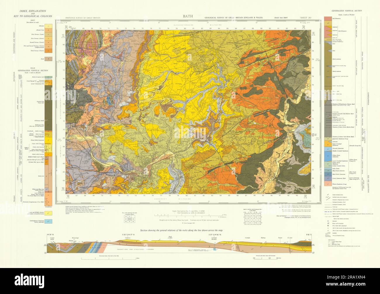 Bagno. Mappa geologica d'epoca. Foglio 265. Somerset Southern Cotswolds 1965 Foto Stock