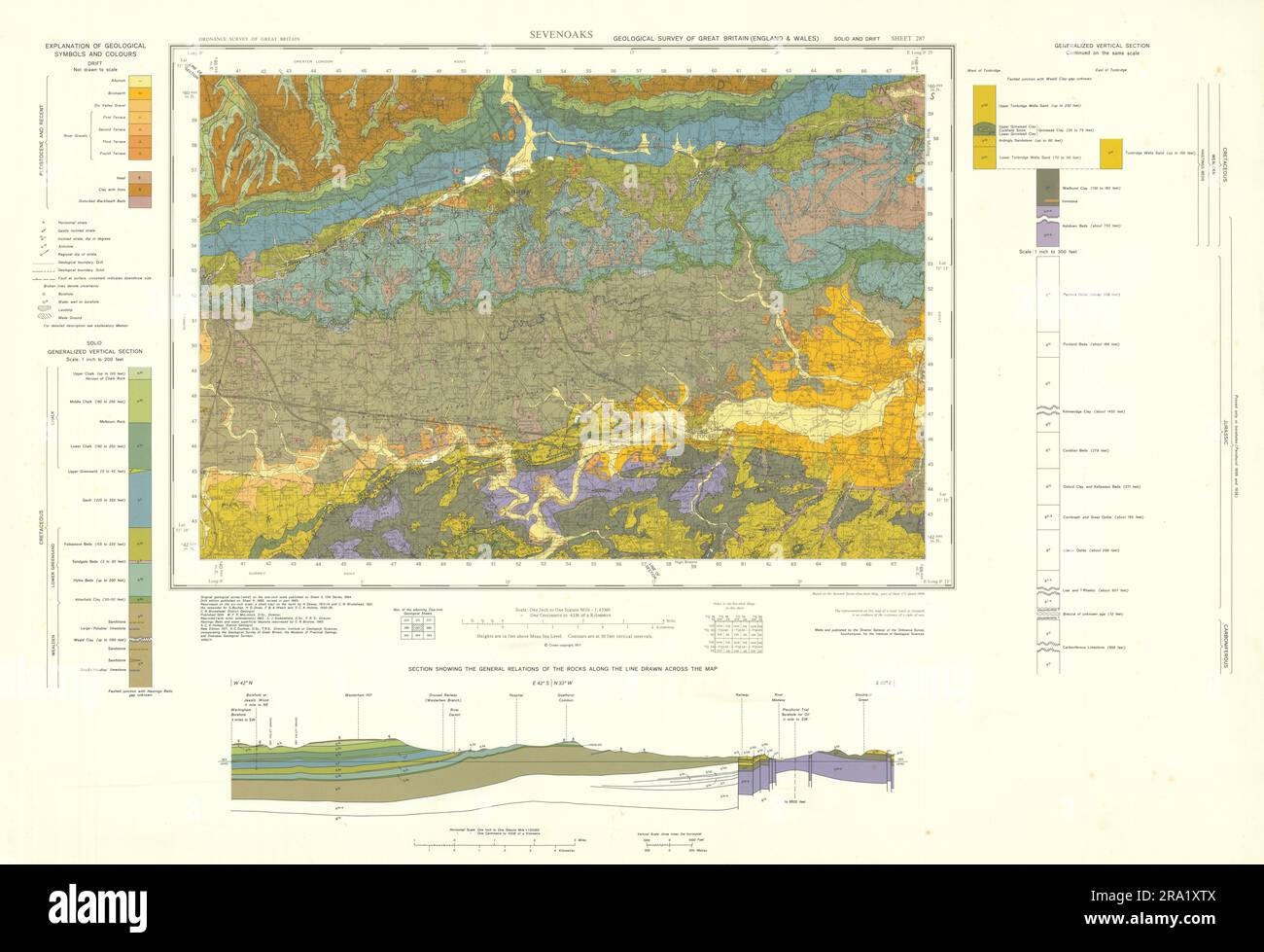 Sevenoaks Geological Survey sheet 287 High Weald North Downs Tonbridge 1971 MAP Foto Stock