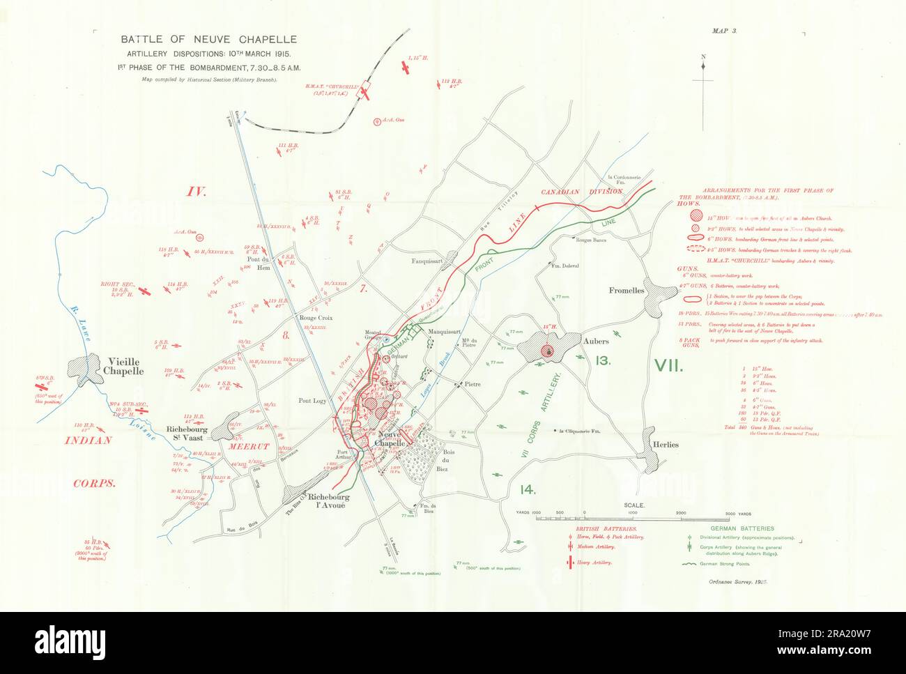 Battaglia di Neuve Chapelle. Disposizioni di artiglieria: 10 marzo 1915. WW1. mappa 1928 Foto Stock