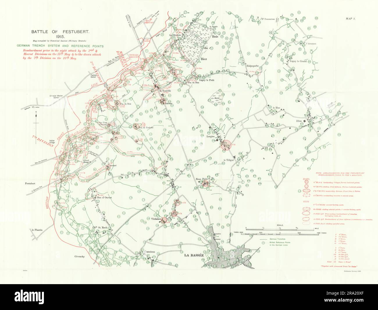 Battaglia di Festubert 1915. Sistema Trench tedesco. Bombardamenti d'artiglieria 1927 mappa Foto Stock