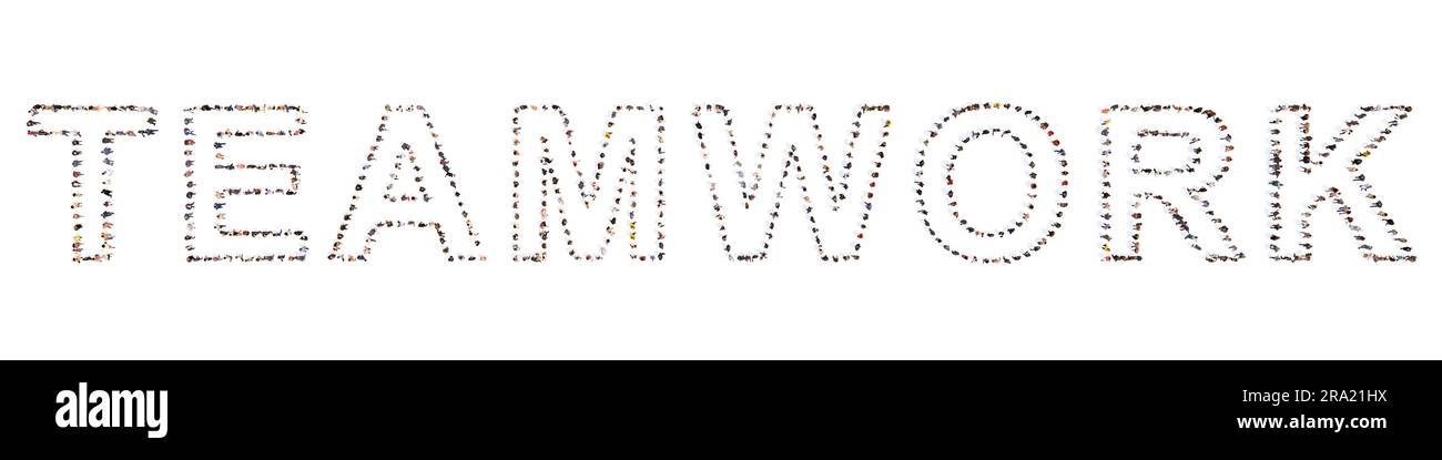 Concetto concettuale grande comunità di persone che formano PAROLA DI LAVORO DI SQUADRA. 3d metafora di illustrazione per il commercio, il team, la gestione, la cooperazione, l'idea Foto Stock