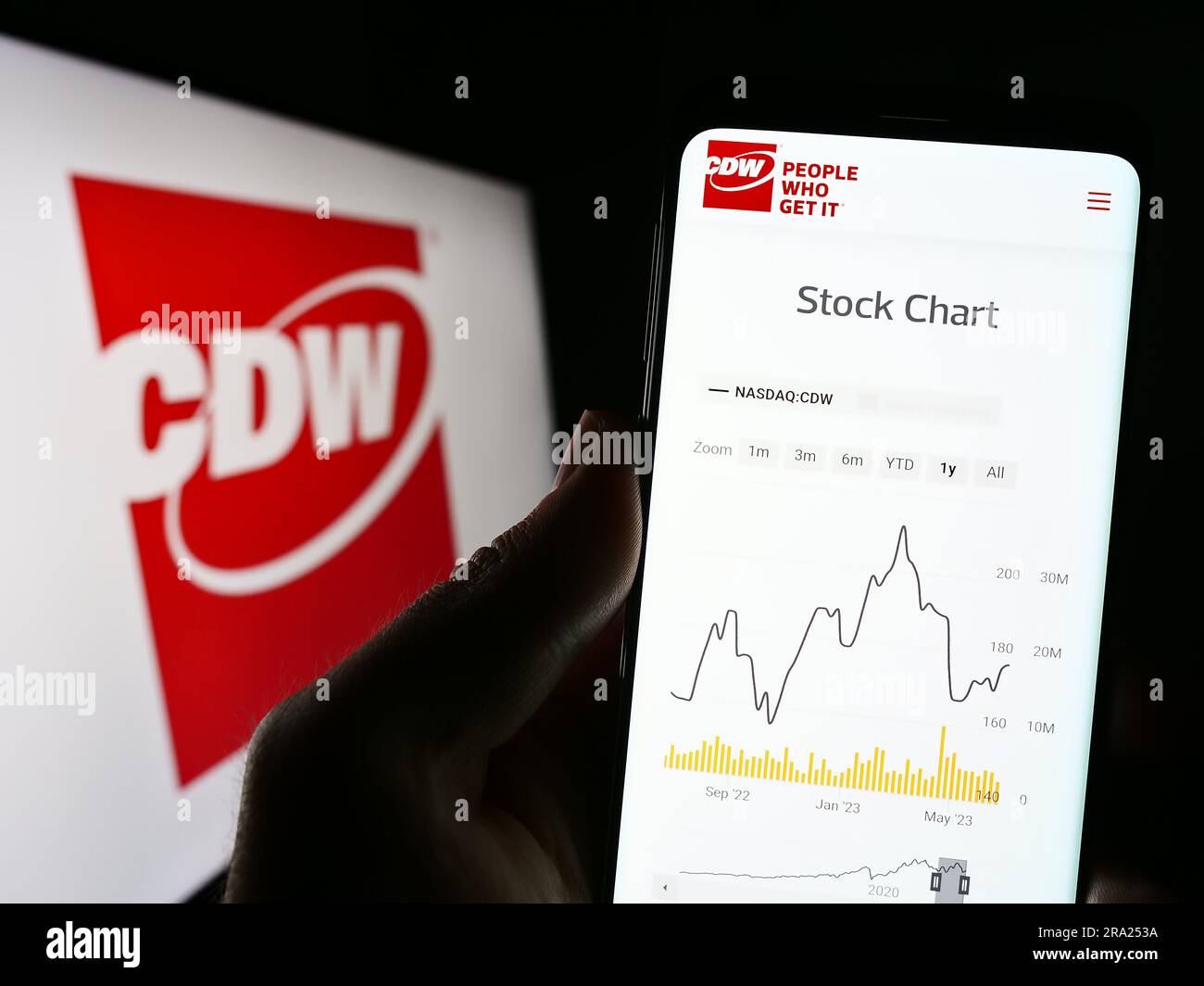 Persona che possiede uno smartphone con il sito Web della società tecnologica statunitense CDW Corporation sullo schermo davanti al logo. Concentrarsi sul centro del display del telefono. Foto Stock