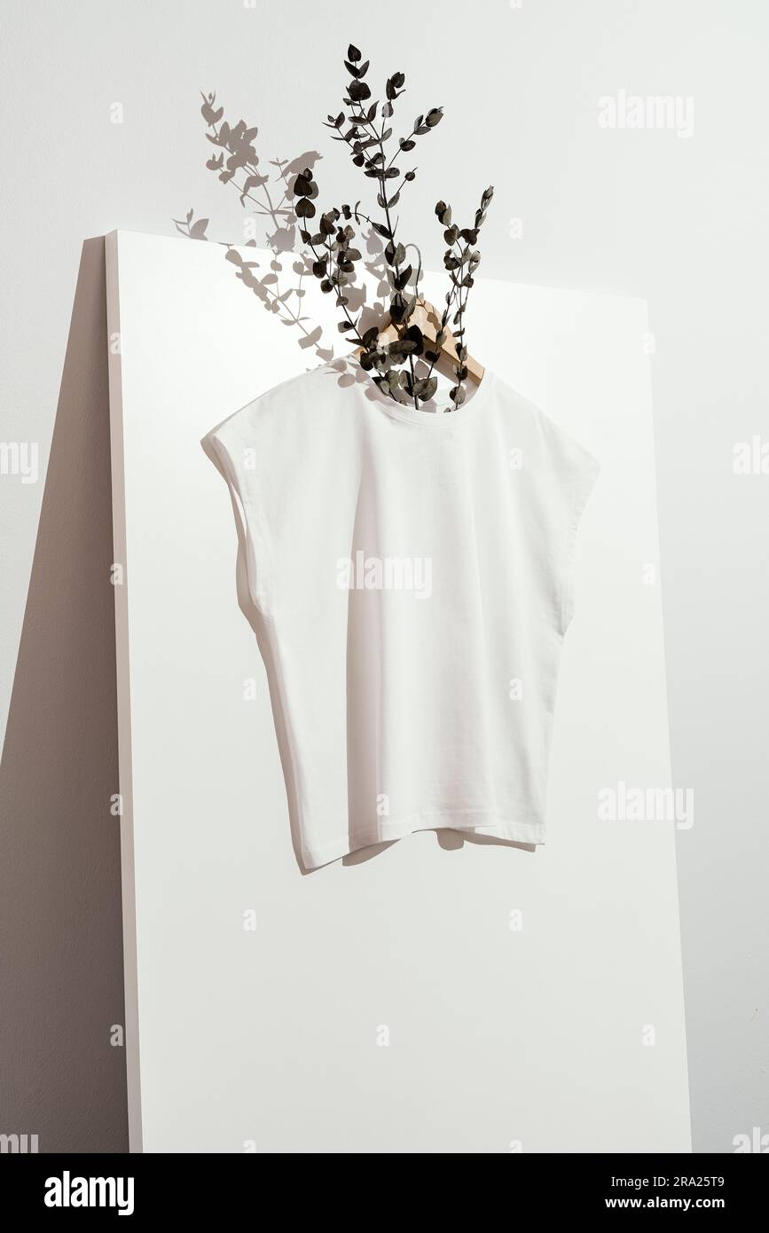 Mockup bianco a collo tondo con t-shirt, modello su appendiabiti in legno. Foglie di eucalipto nello scollo. Foto Stock