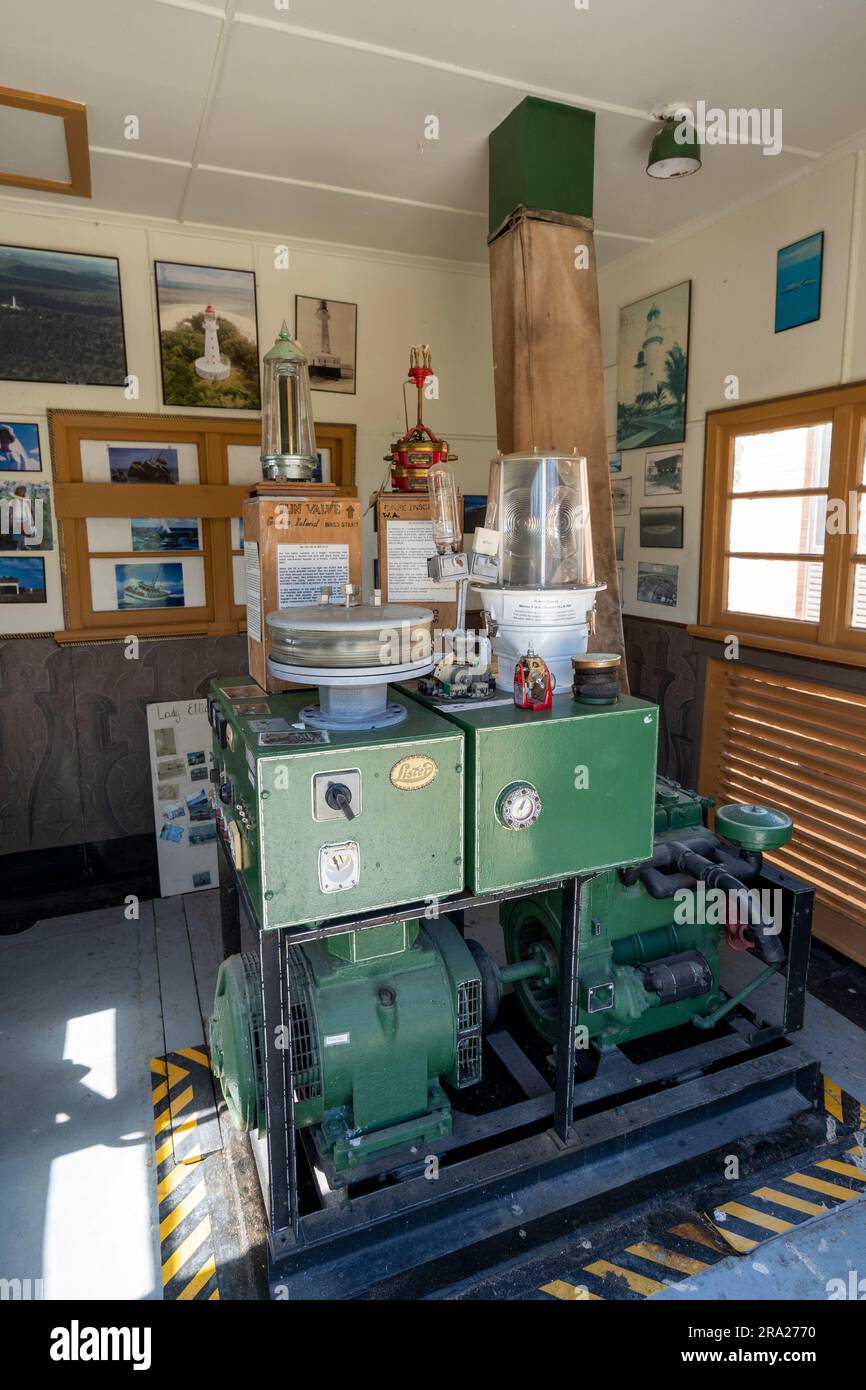 Mostra del Museo dell'Heritage nel vecchio edificio centrale elettrica, Lady Elliot Island, Queensland Australia Foto Stock
