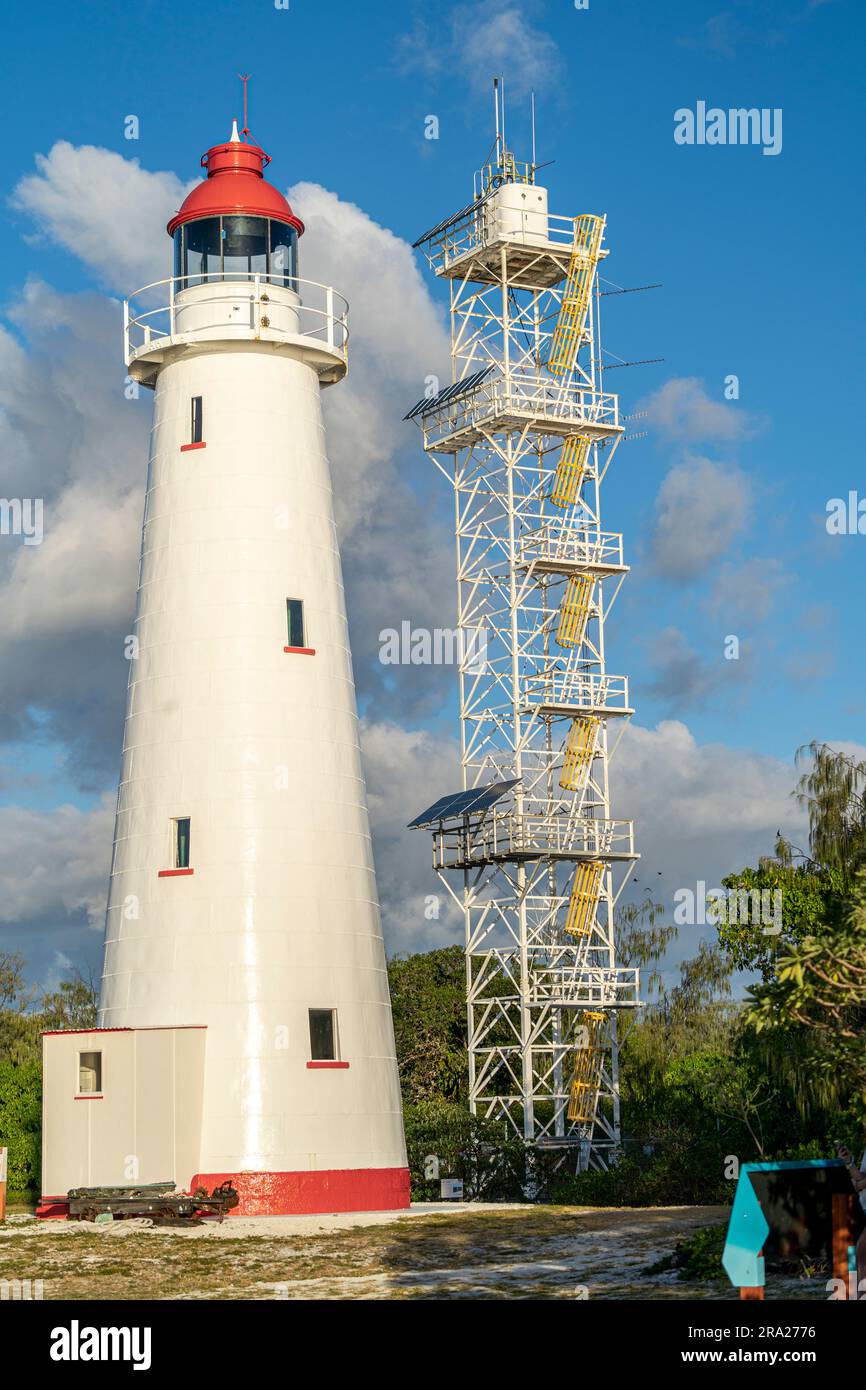 Faro di Lady Elliot Island, patrimonio dell'umanità, con nuova torre faro senza equipaggio alimentata a energia solare, Lady Elliot Island, Queensland, Australia Foto Stock