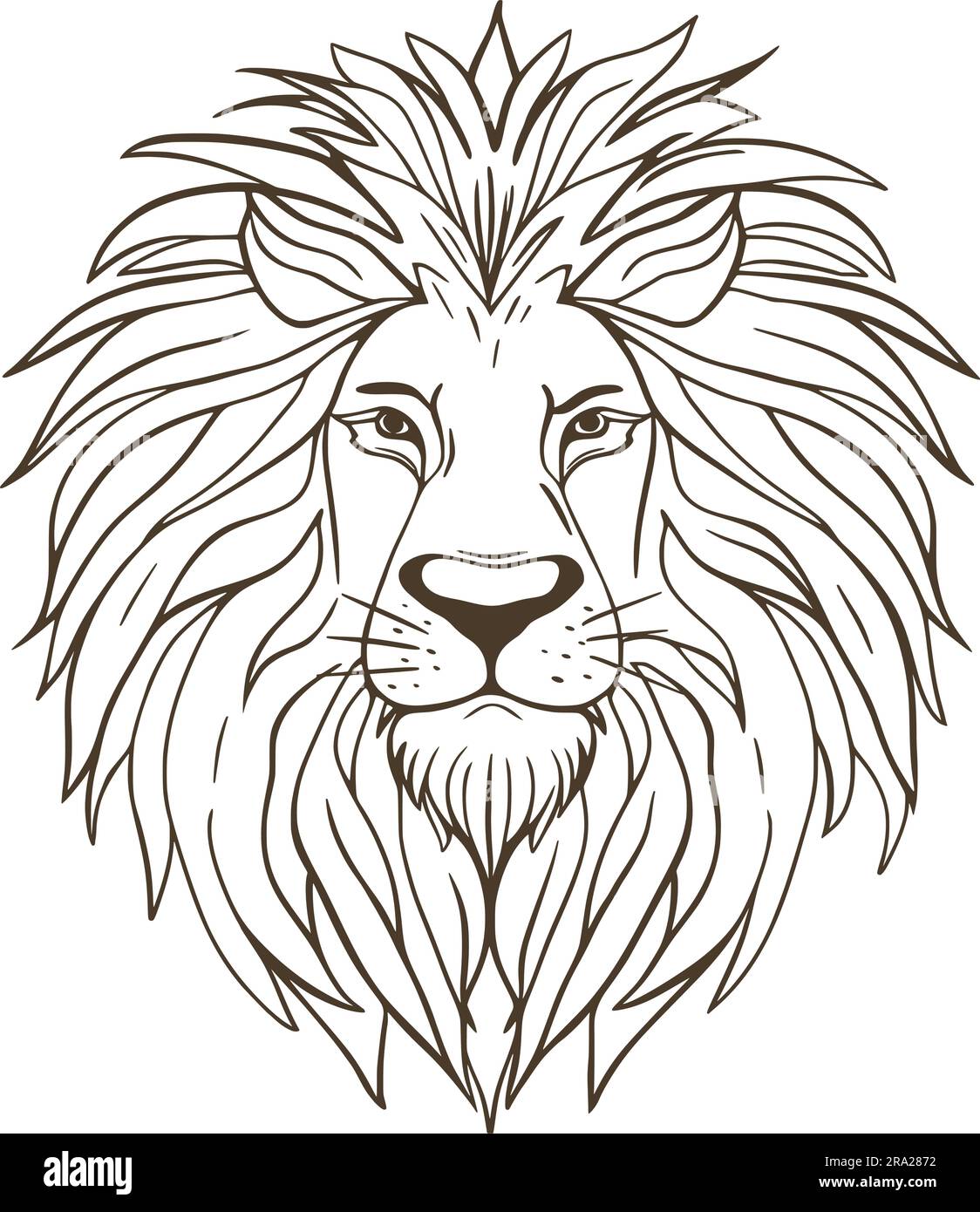 Schizzo disegnato a mano con testa di leone. Contorno inchiostro, animali selvatici. Ritratto della bestia principale dell'Africa. Immagine con predatore maschile, illustrazione vettoriale isolata Illustrazione Vettoriale