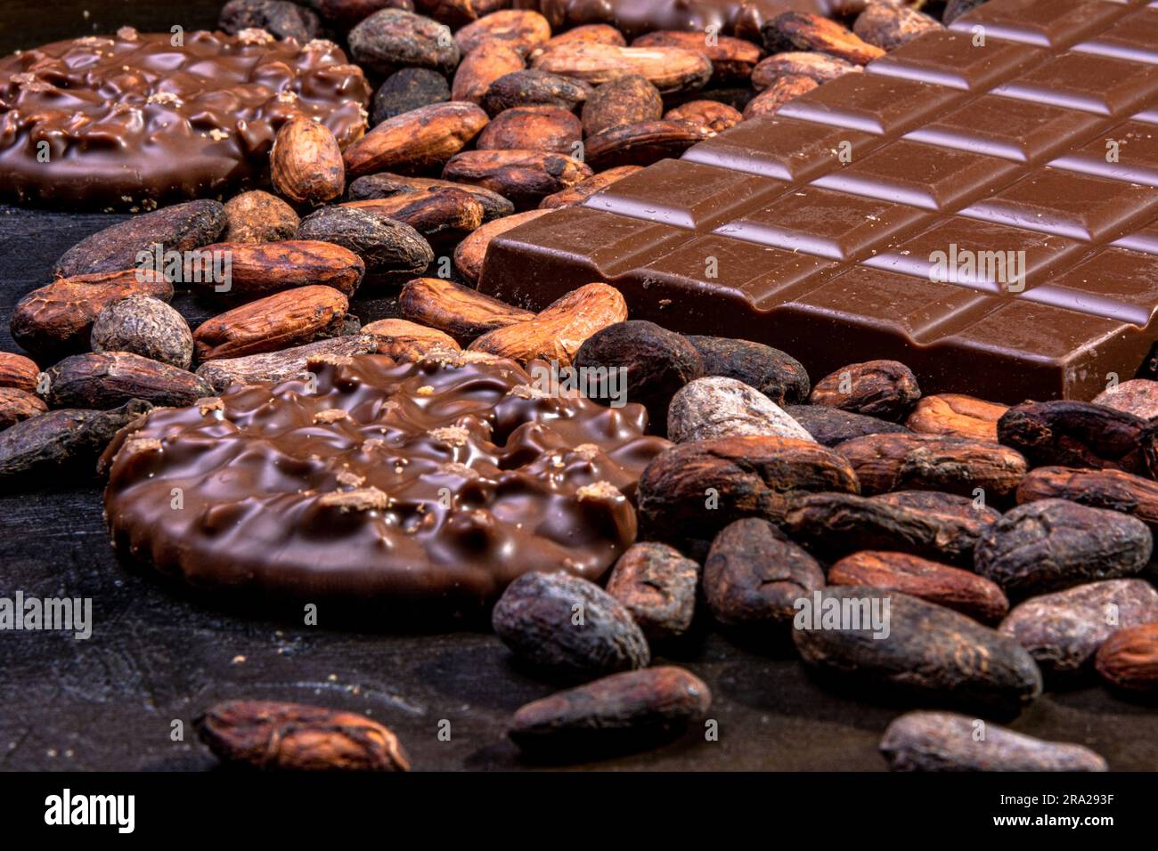 Tavoletta di cioccolato al latte accompagnata da biscotti immersi nel cioccolato e da diversi ingredienti. Foto Stock