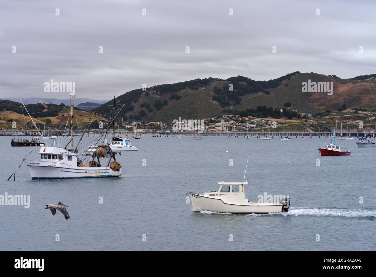 Port San Luis e Avila Beach sono mostrate nella contea di San Luis Obispo in un giorno coperto. Foto Stock