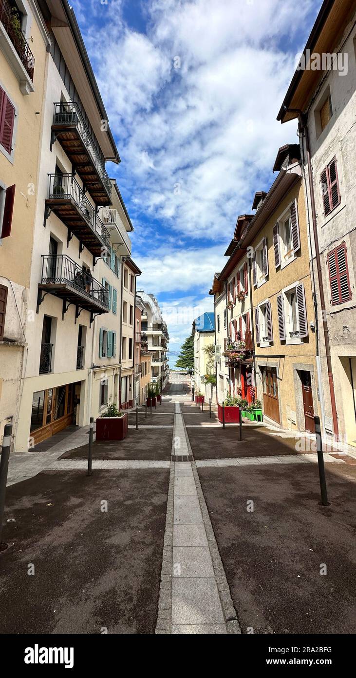 Città di Evian Les Bains, dall'acqua minerale Evian nel sud della Francia Foto Stock