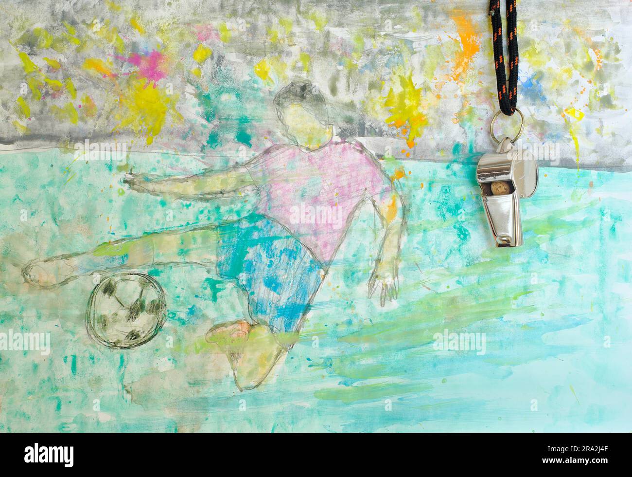 Fischio di arbitro di calcio o allenatore e giocatore di calcio grungy dipinto a mano e palla da calcio. Grande evento di calcio nel 2024 Foto Stock