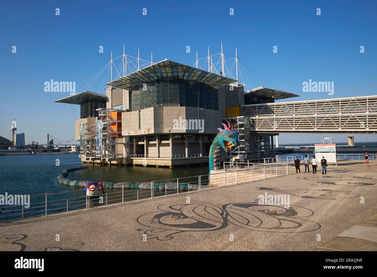 Portogallo, Lisbona, Parque das Nacoes (Parco delle Nazioni) costruito per l'Expo 98 o 1998 Lisbon World Exposition, Oceanario (Oceanario), progettato dallo studio di architettura Cambridge Seven Associates e dall'architetto americano Peter Chermayeff, drago marino lungo 60 metri, realizzato con bottiglie di plastica del collettivo Skeleton Sea Foto Stock