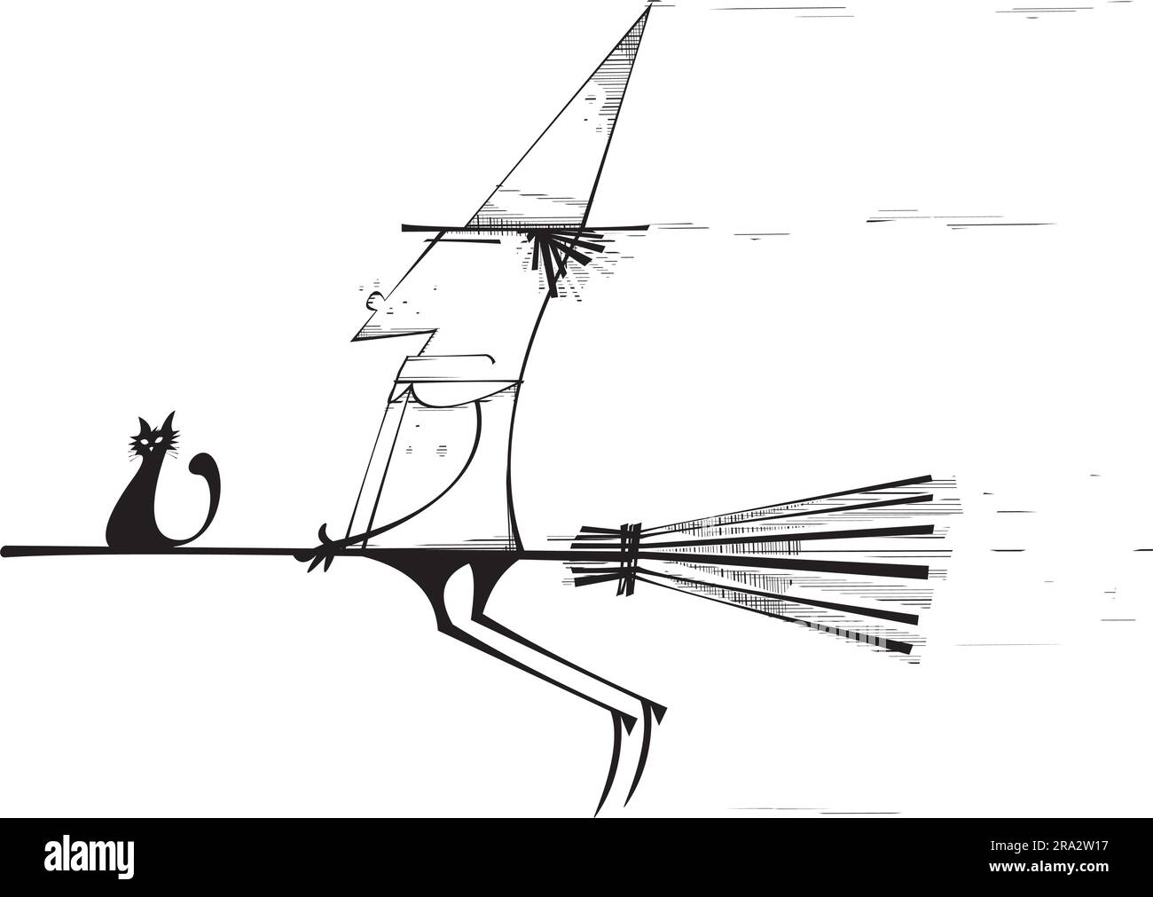 Wicked Witch Flying on Broom with Cat Illustrazione Vettoriale