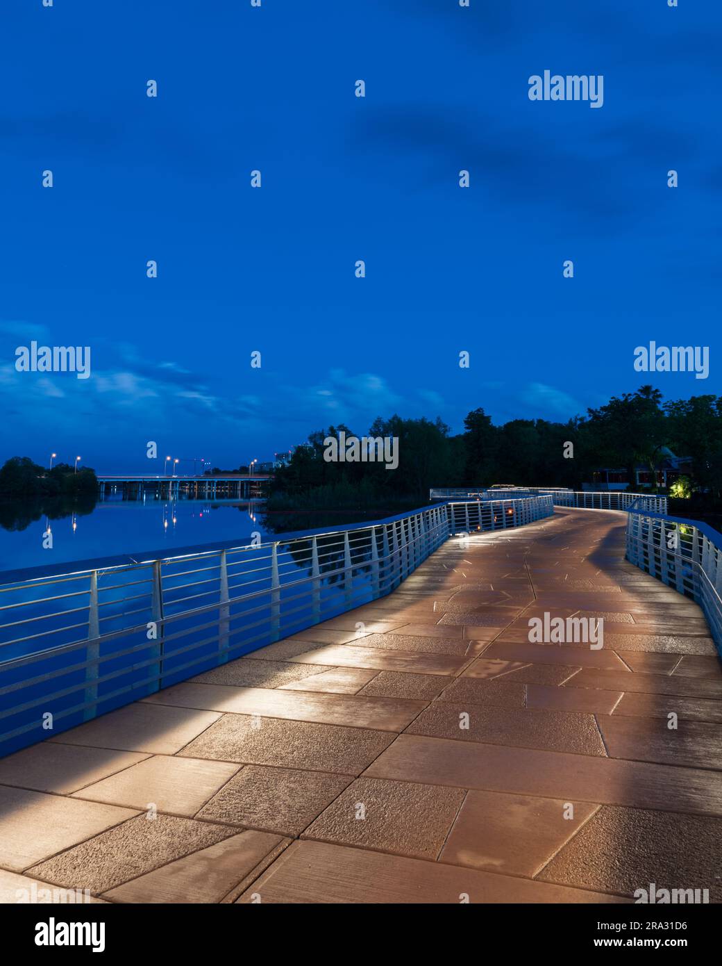 Un'immagine verticale di un molo sopra il lago Lady Bird all'ora blu ad Austin, Texas Foto Stock
