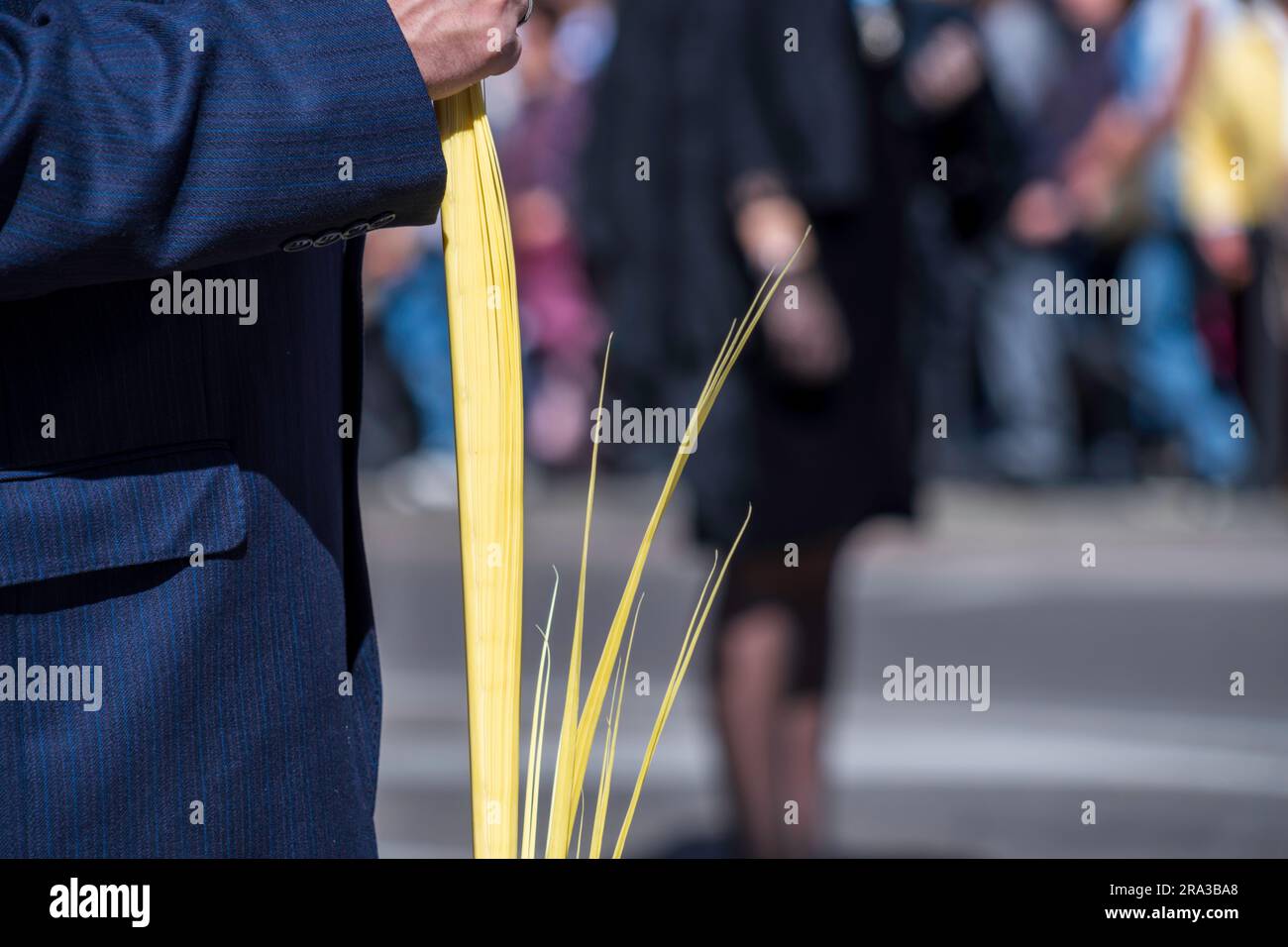 Madrid, Andalusia, Spagna. Foto di un uomo spagnolo che indossa un vestito e tiene in mano foglie di palma la domenica delle Palme, durante la settimana Santa, la processione di Semana Santa. Foto Stock
