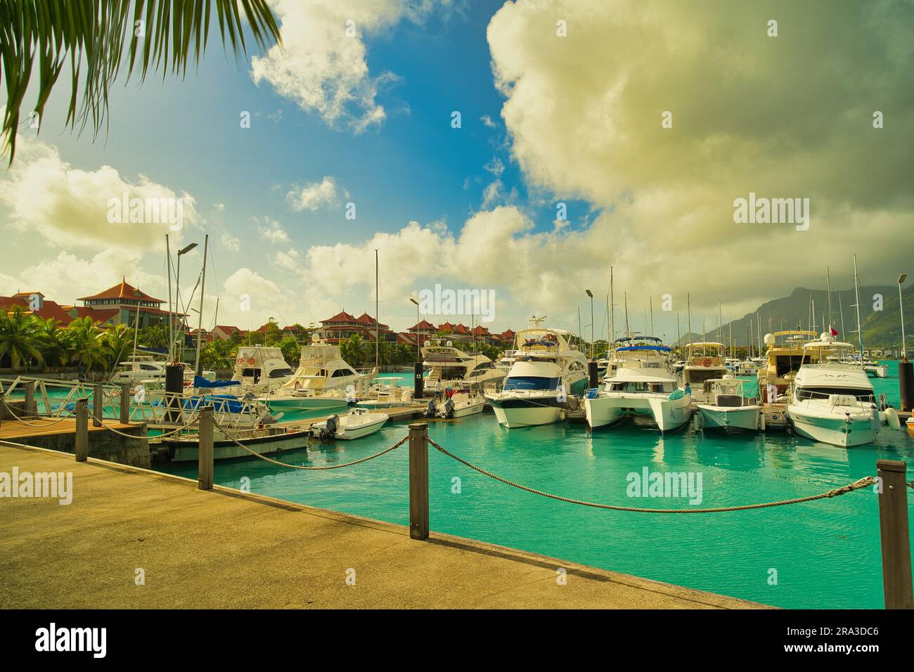 Attracco di yacht e barche al porticciolo di eden Island con ville sul retro, vista dell'isola di Mahe, lussureggiante montagna, Seychelles Foto Stock