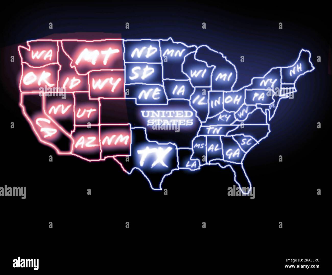 Mappa USA hd, mappa al neon degli stati uniti, cartina luminosa Foto Stock