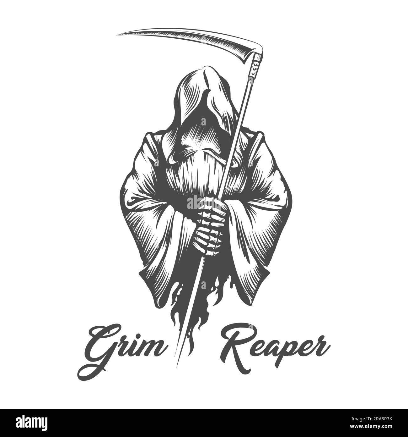 Incisione monocromatica tatuaggio di Grim Mietitore morte con Scithe isolato su bianco. Illustrazione vettoriale Illustrazione Vettoriale