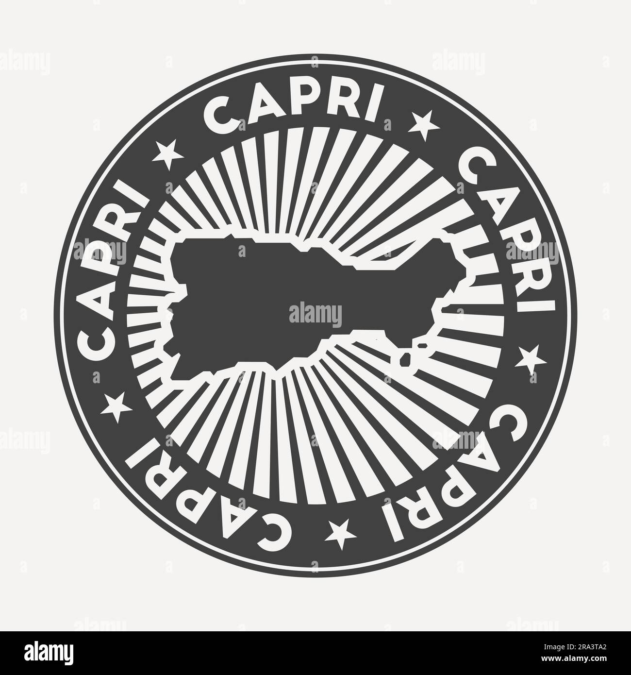 Logo Capri round. Distintivo di viaggio vintage con il nome circolare e la mappa dell'isola, illustrazione vettoriale. Può essere utilizzato come insegna, logotipo, etichetta, adesivo Illustrazione Vettoriale