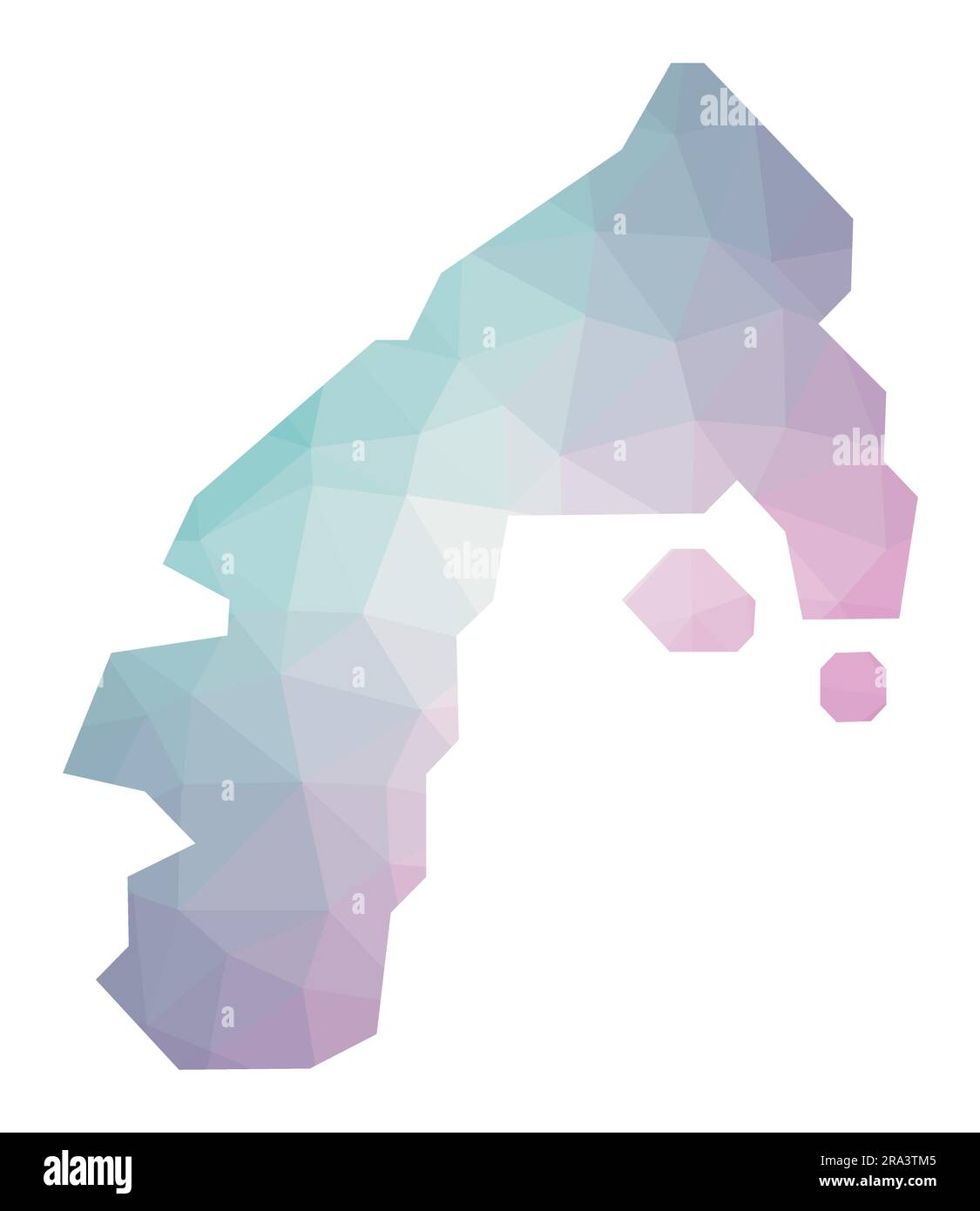 Mappa poligonale di Water Island. Illustrazione geometrica dell'isola in colori smeraldo e ametista. Mappa dell'acqua in basso stile poli. Illustrazione Vettoriale