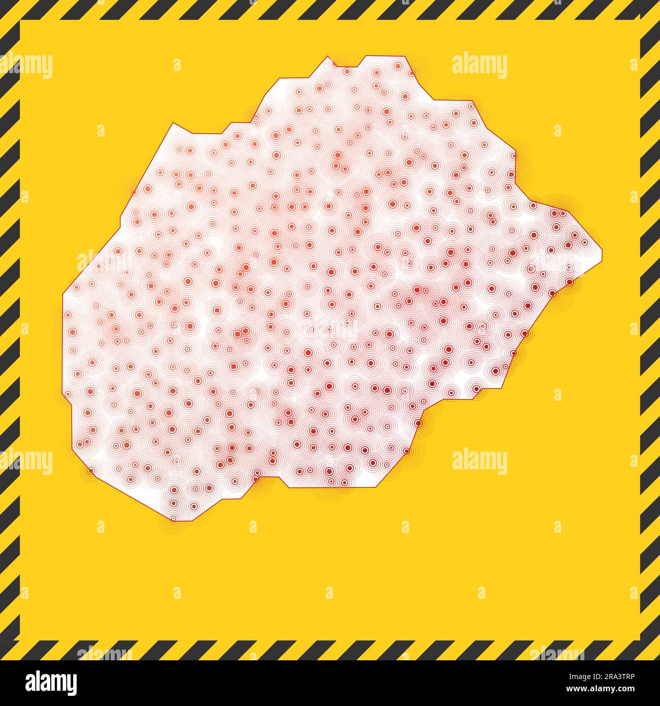 Alegranza chiuso - segno di pericolo del virus. Icona isola di blocco. Bordo a strisce nere intorno alla mappa con il concetto di diffusione del virus. Illustrazione vettoriale. Illustrazione Vettoriale