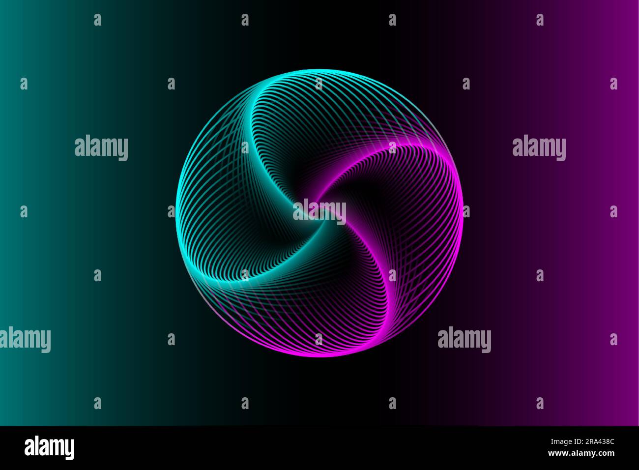Design sferico 3D, elegante logo cerchio luminoso. Tunnel al neon astratto. Linee attorcigliate. Spectrum Space tunnel con fiori blu e rosa dai colori vivaci. Vettore Illustrazione Vettoriale