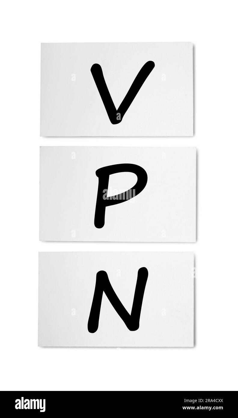 Note cartacee con acronimo VPN (Virtual Private Network) isolate in bianco, vista dall'alto Foto Stock