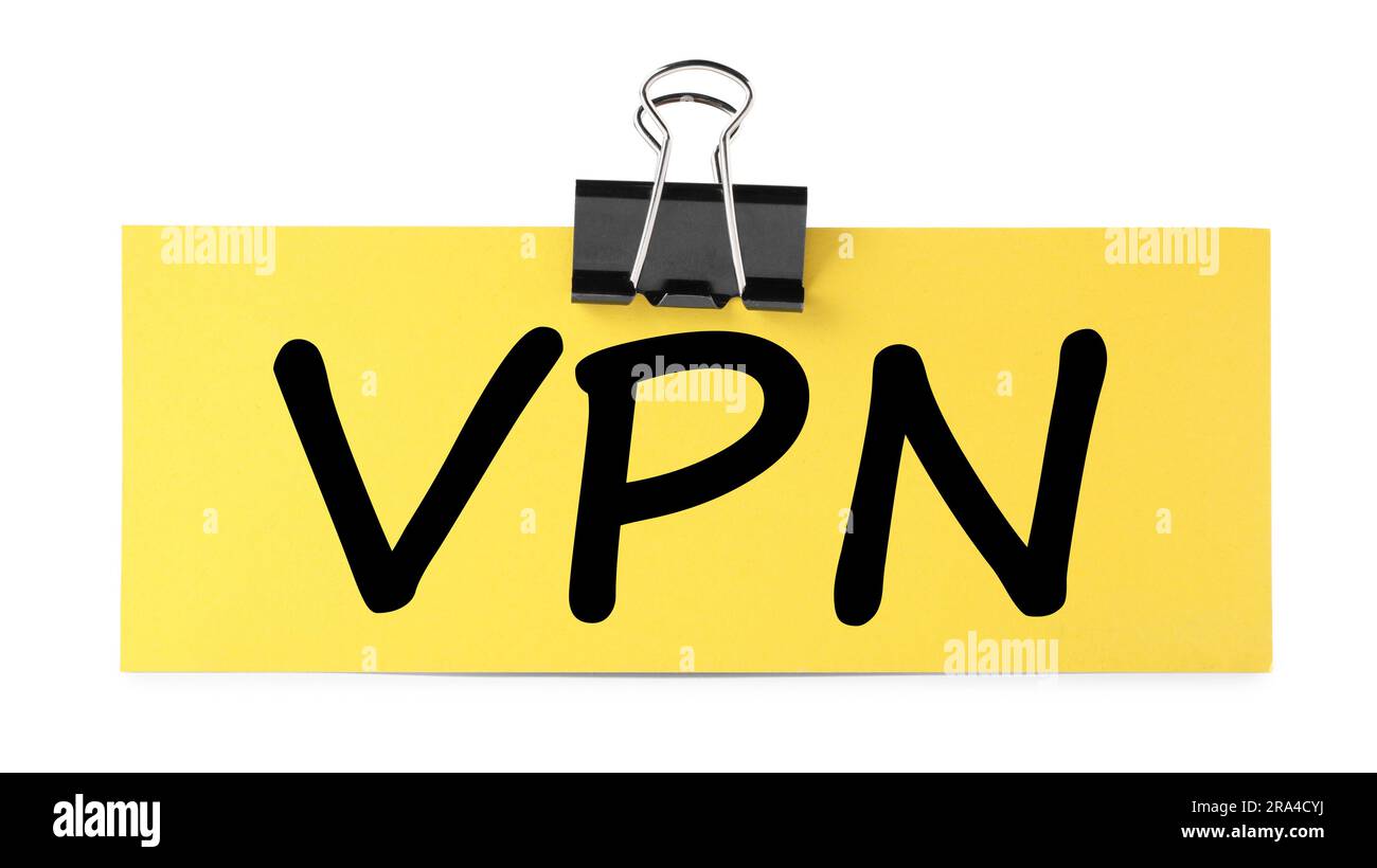 Nota cartacea con acronimo VPN (Virtual Private Network) isolato su bianco Foto Stock