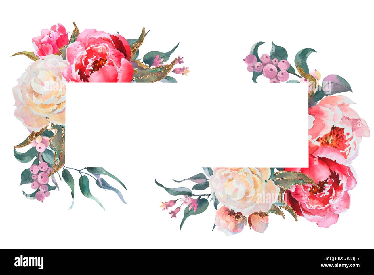 Cornice orizzontale ad acquerello, modello, peonie rosa e bianche, rami di eucalipto. Illustrazione botanica disegnata a mano isolata su sfondo bianco Foto Stock