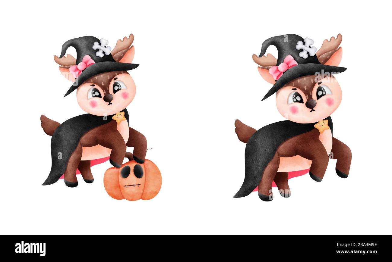 Renne magiche di halloween in costumi da strega e zucca di halloween. Illustrazione ad acquerello per decorazioni natalizie. Foto Stock