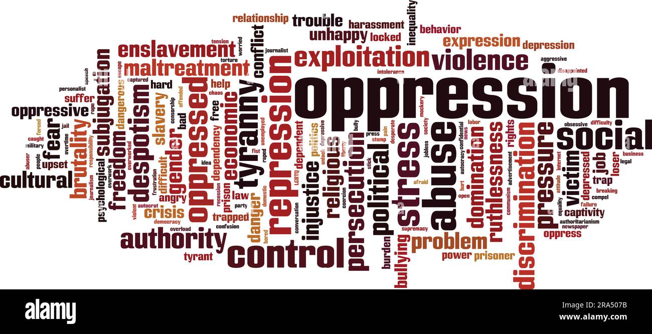 Concetto di nuvola di parole oppresse. Collage fatto di parole sull'oppressione. Illustrazione vettoriale Illustrazione Vettoriale
