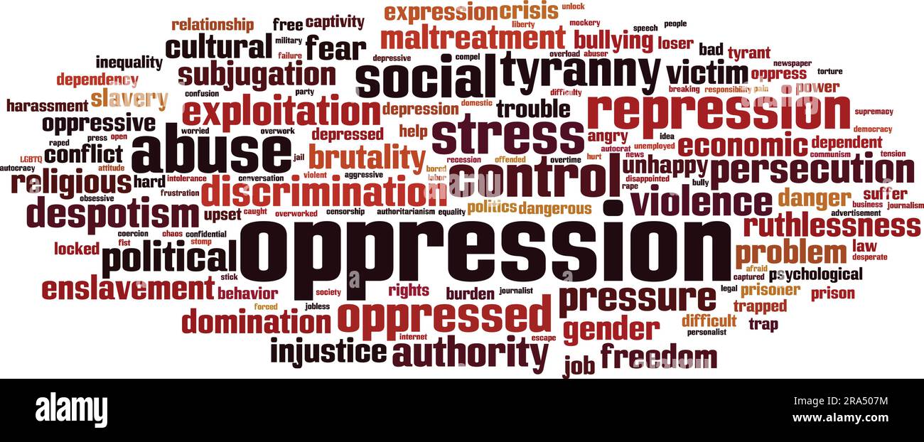 Concetto di nuvola di parole oppresse. Collage fatto di parole sull'oppressione. Illustrazione vettoriale Illustrazione Vettoriale