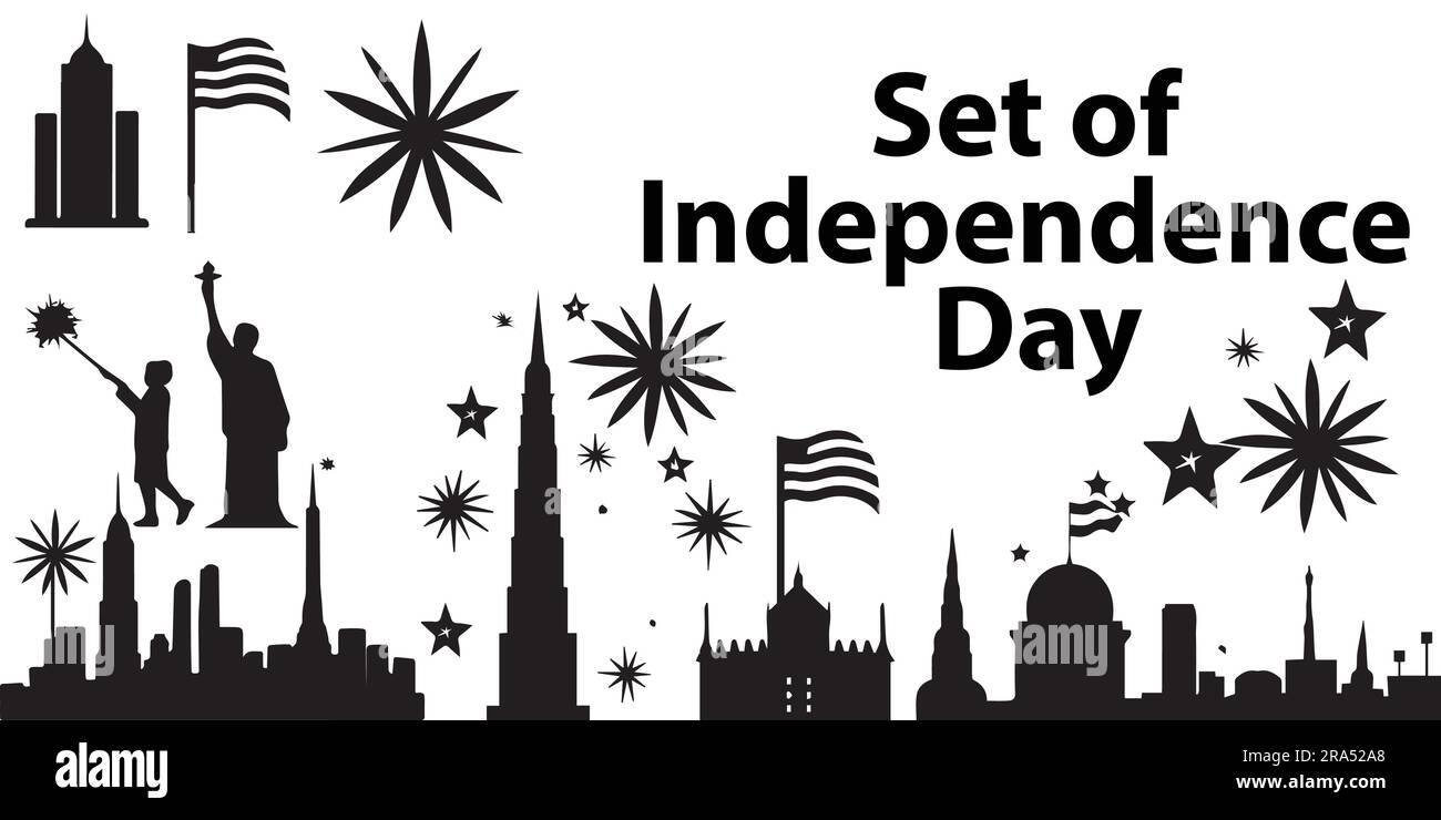 Una serie di illustrazioni vettoriali della silhouette del giorno dell'indipendenza Illustrazione Vettoriale