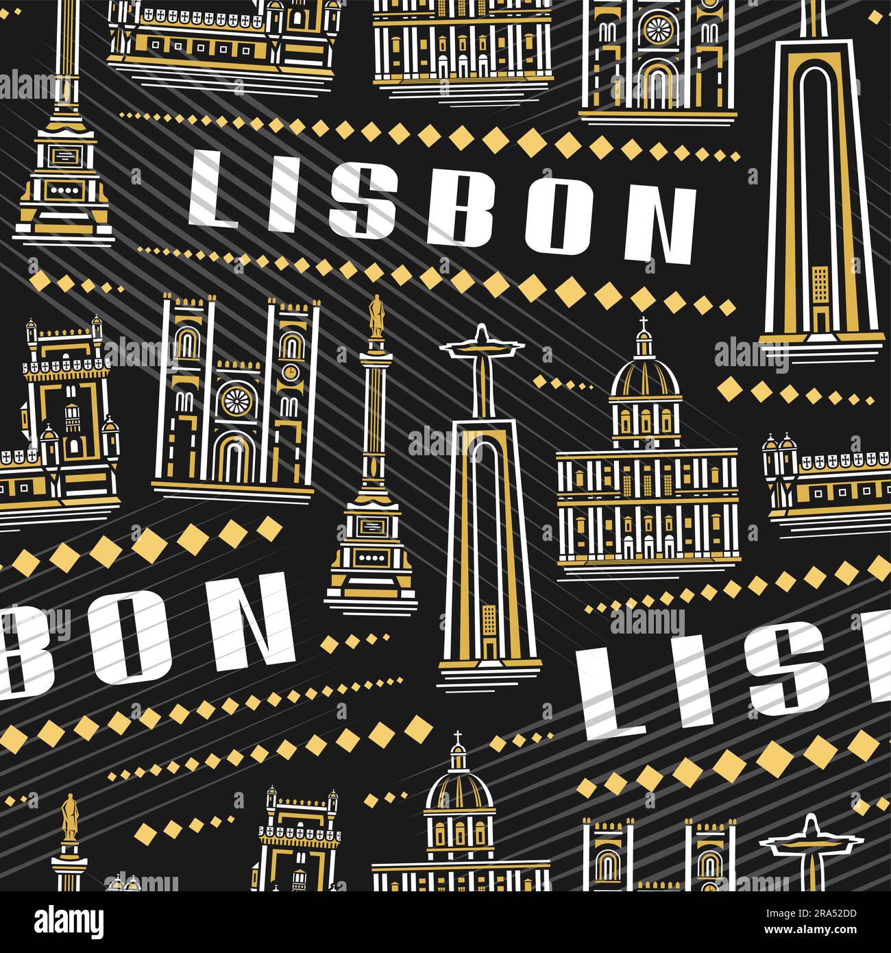 Modello senza cuciture Vector Lisbon, sfondo ripetuto con illustrazione del famoso paesaggio della città europea di lisbona su sfondo scuro per la carta da imballaggio e decorazioni Illustrazione Vettoriale