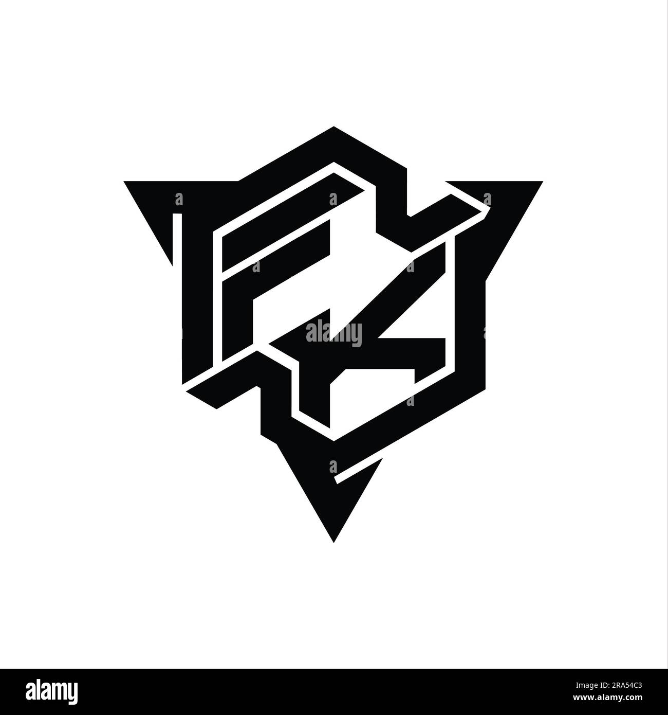 FK Letter Logo monogramma forma esagonale con triangolo delineano il modello di design stile gaming Foto Stock