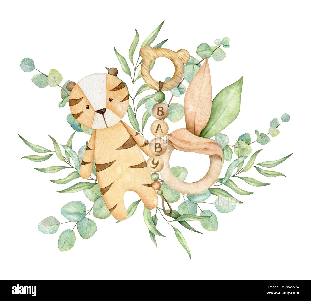 Biglietto di benvenuto con bambola tigre, giocattolo dentifricia e rami di eucalipto. Disegni ad acquerello disegni a mano giocattoli ecologici per cartolina, poster Foto Stock