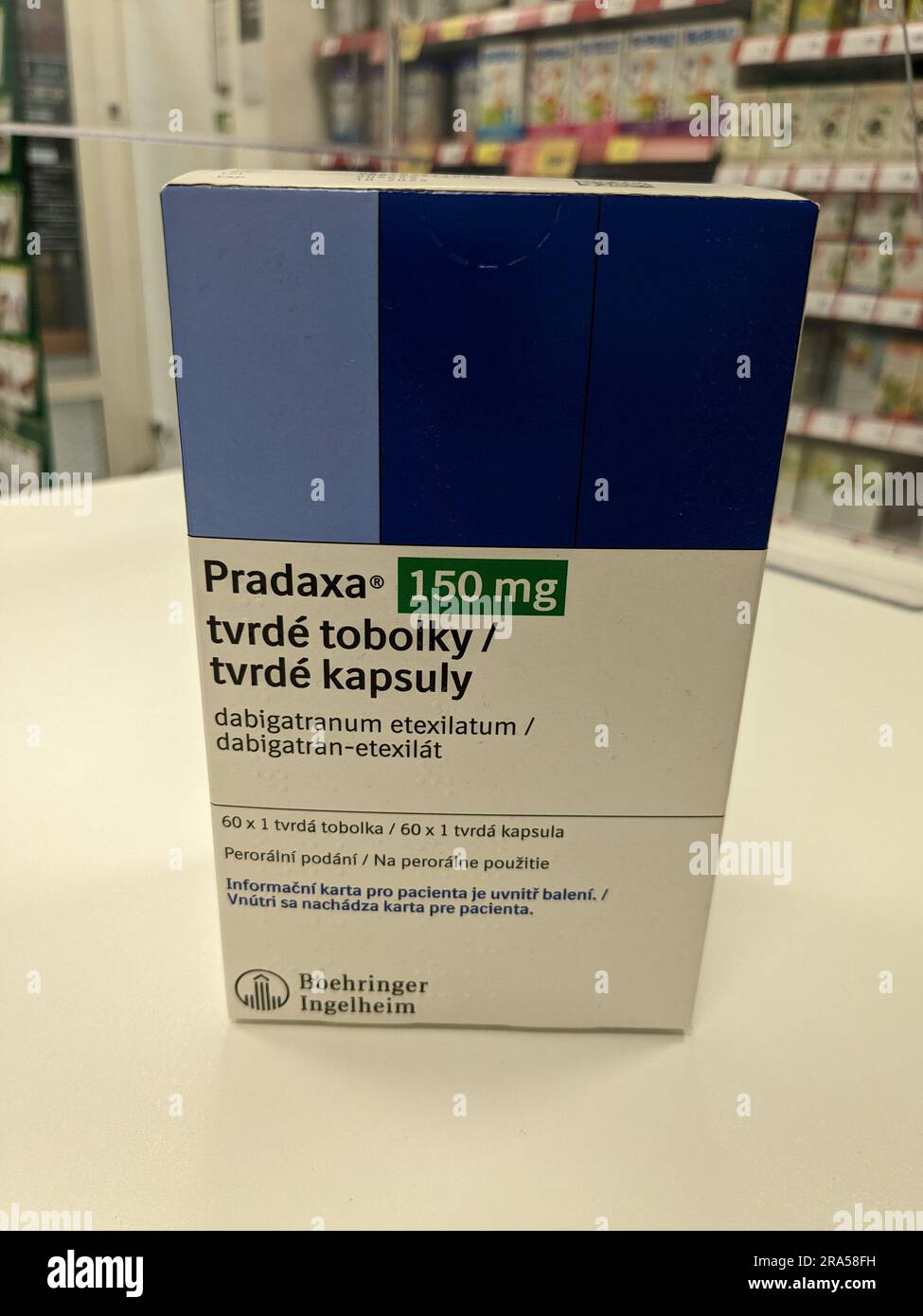 Praga, repubblica Ceca - 22 giugno 2023:Box Pradaxa of tablets.dabigatran as Active Subspance, repubblica Ceca, unione europea Foto Stock