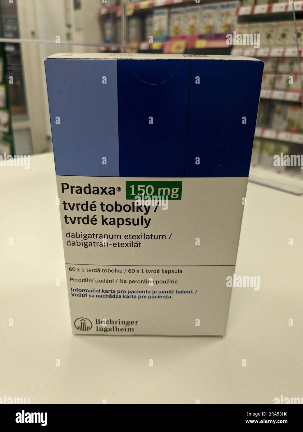 Praga, repubblica Ceca - 22 giugno 2023:Box Pradaxa of tablets.dabigatran as Active Subspance, repubblica Ceca, unione europea Foto Stock