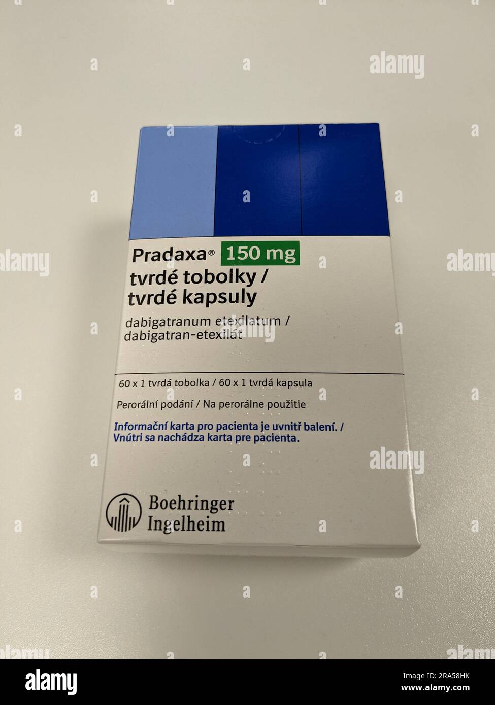 Praga, repubblica Ceca - 22 giugno 2023:Box Pradaxa of tablets.dabigatran as Active Subspance, repubblica Ceca, unione europea Foto Stock