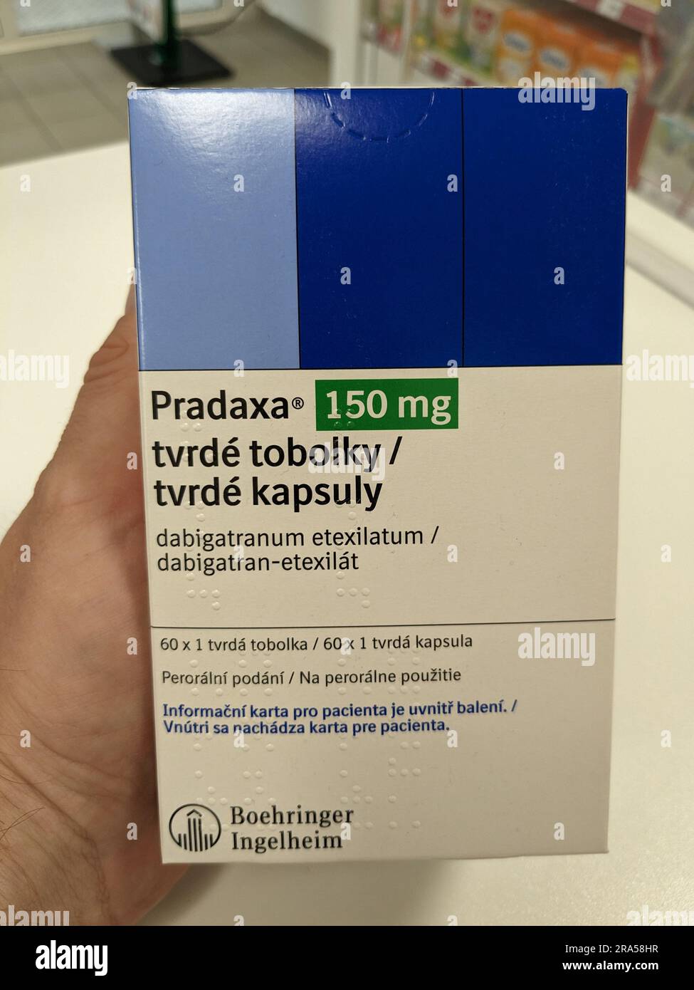 Praga, repubblica Ceca - 22 giugno 2023:Box Pradaxa of tablets.dabigatran as Active Subspance, repubblica Ceca, unione europea Foto Stock