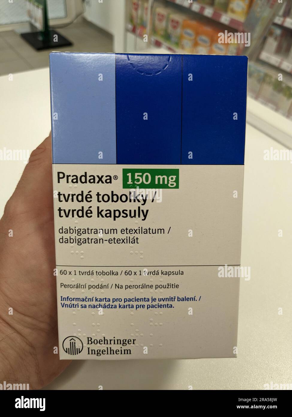 Praga, repubblica Ceca - 22 giugno 2023:Box Pradaxa of tablets.dabigatran as Active Subspance, repubblica Ceca, unione europea Foto Stock