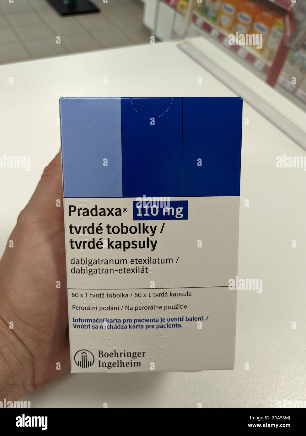 Praga, repubblica Ceca - 22 giugno 2023:Box Pradaxa of tablets.dabigatran as Active Subspance, repubblica Ceca, unione europea Foto Stock