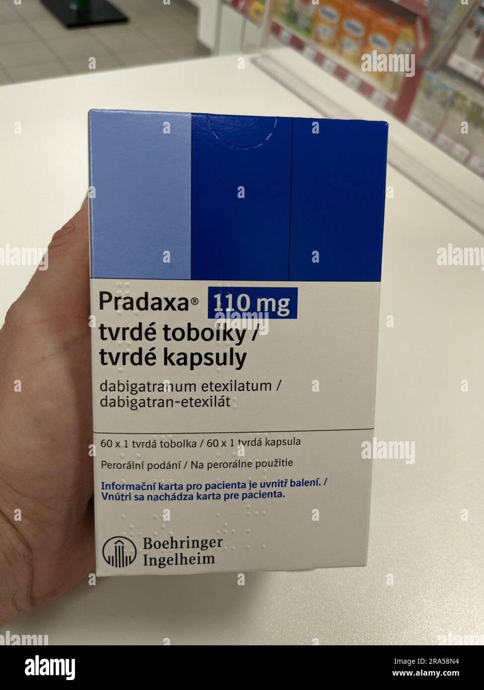 Praga, repubblica Ceca - 22 giugno 2023:Box Pradaxa of tablets.dabigatran as Active Subspance, repubblica Ceca, unione europea Foto Stock