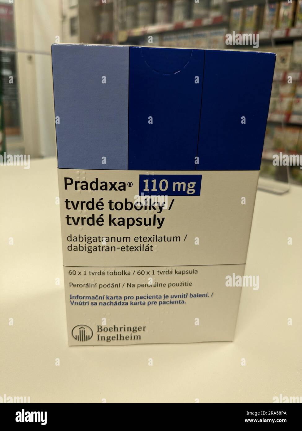 Praga, repubblica Ceca - 22 giugno 2023:Box Pradaxa of tablets.dabigatran as Active Subspance, repubblica Ceca, unione europea Foto Stock